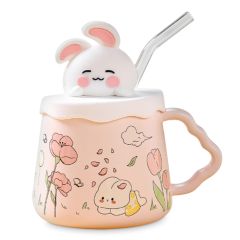 Кружка с крышкой и трубочкой Зайка 420 мл, цвет розовый, Repast, фото 