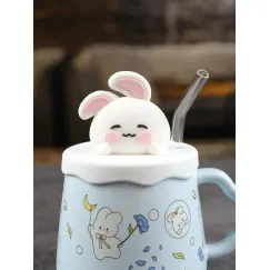 Кружка с крышкой и трубочкой Зайка 420 мл, цвет голубой, Repast, фото 