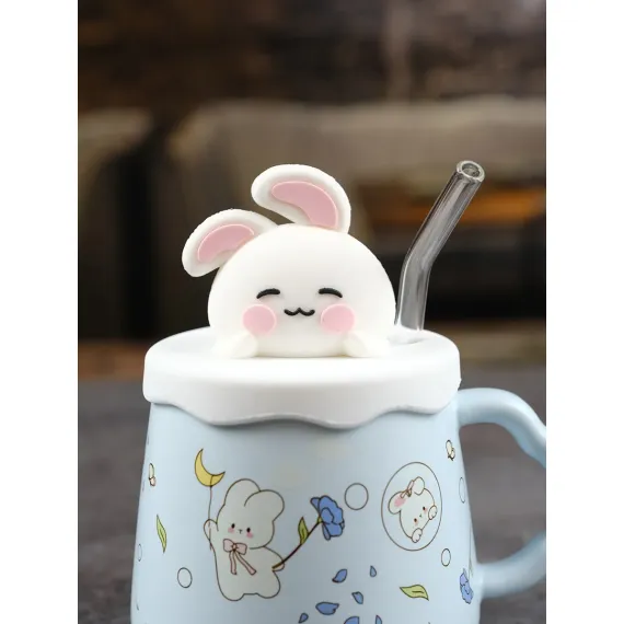 Кружка с крышкой и трубочкой Зайка 420 мл, цвет голубой, Repast, фото 